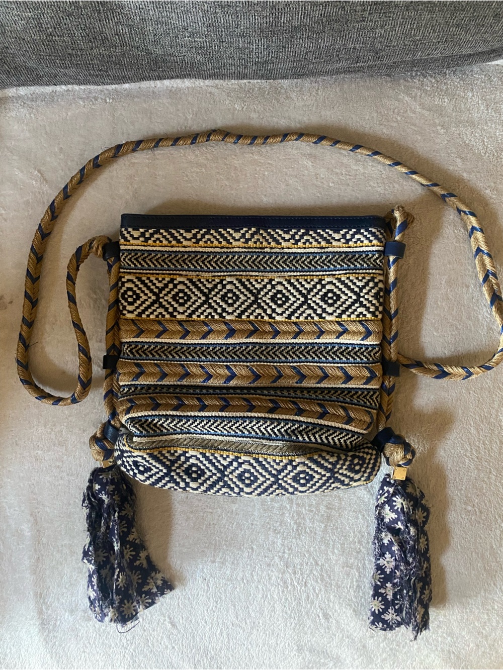 Tory Burch Navy and Natural Geometric Woven Crossbody